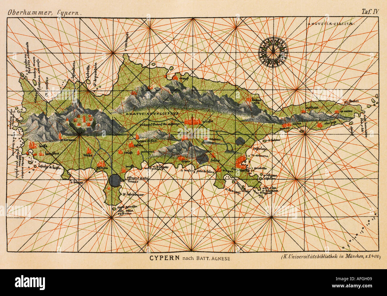 PORTOLAN MAP OF CYPRUS BY BATTISTA AGNESE Stock Photo