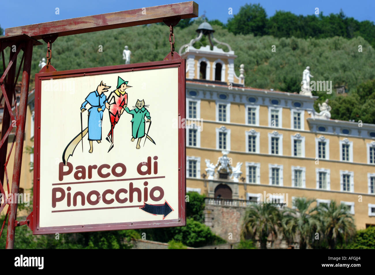 Pinocchio’s Park in Collodi, Tuscany, Italy. Villa Garzoni behind. Stock Photo