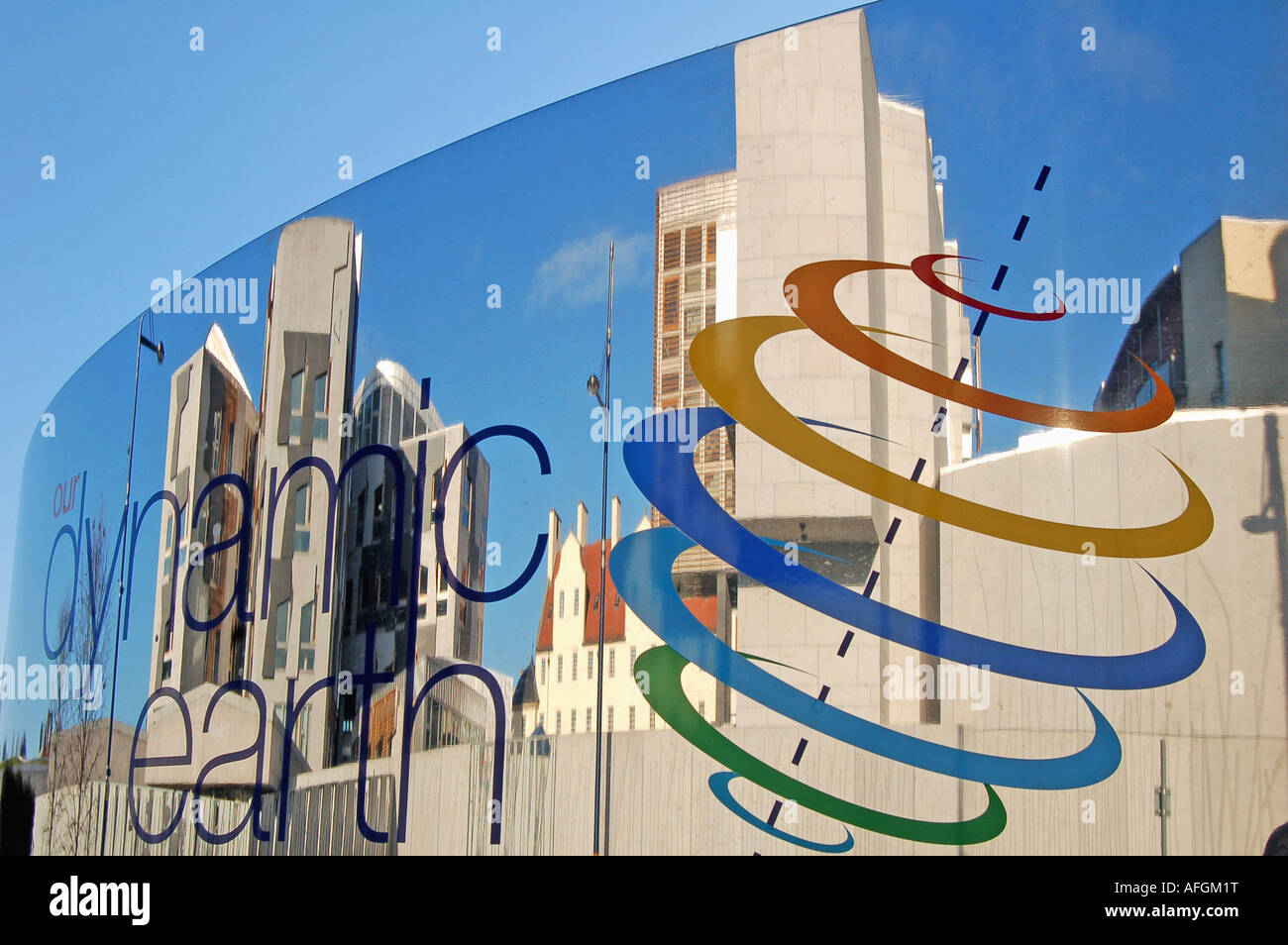 Dynamic Earth Sign Reflection of Scottish Parliament in Dynamic Earth sign, Edinburgh ...