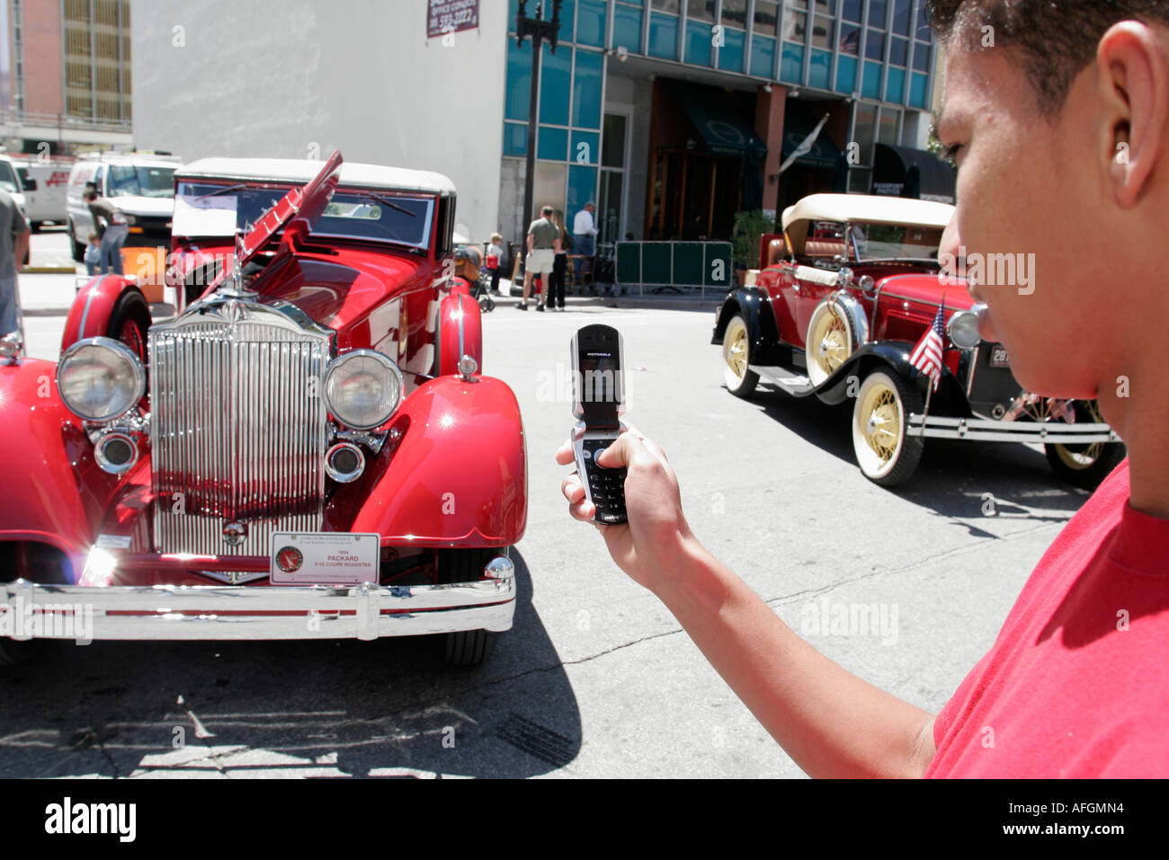 Miami Florida,Flagler Street,Classic car cars Show,antique Packard,car cars,cars,automobile,automobiles,auto,autos,vehicle,vehicles,red,Hispanic Latin Stock Photo