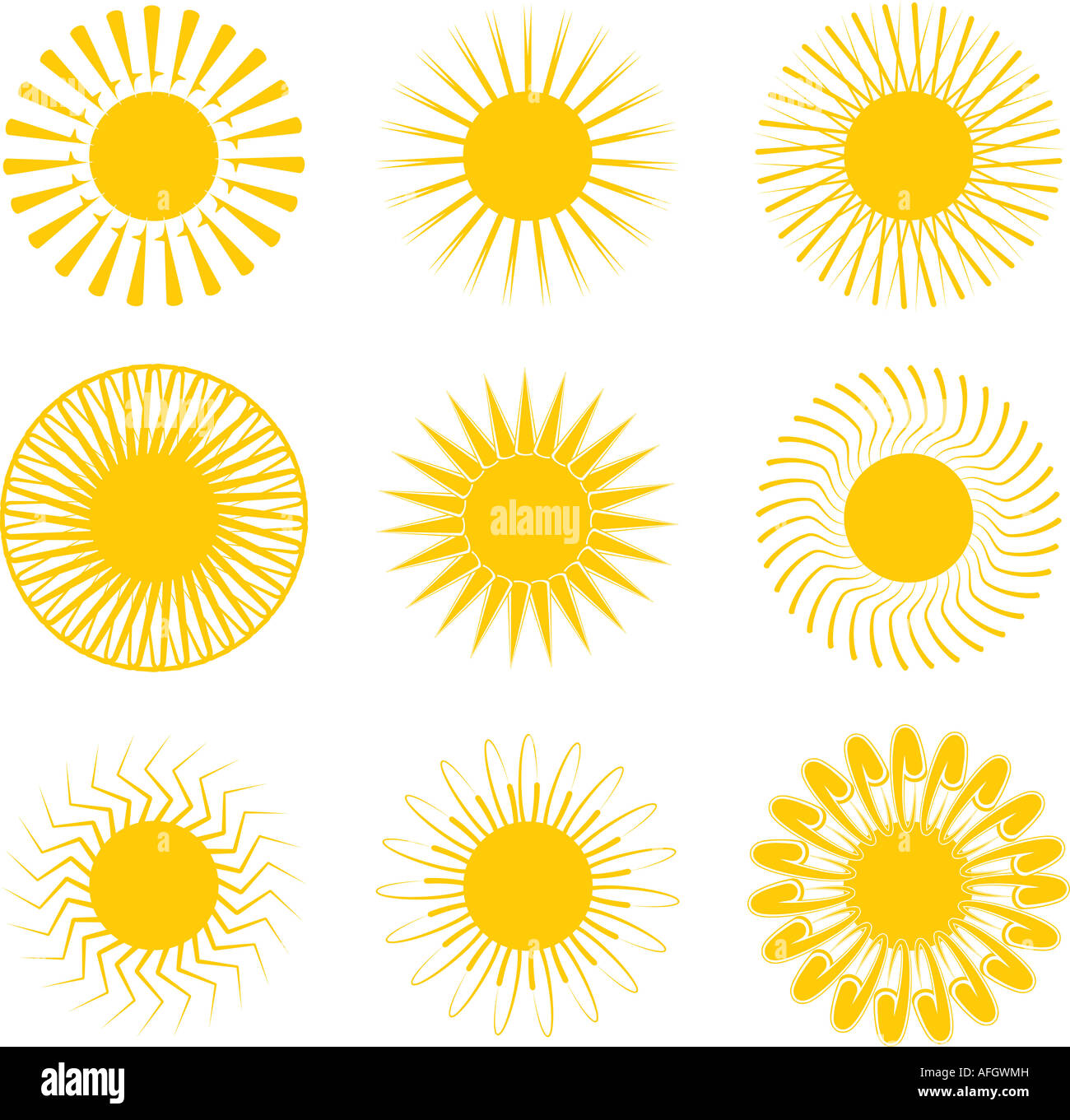 Sun illustrations with nine different variations with an inca influence Stock Photo