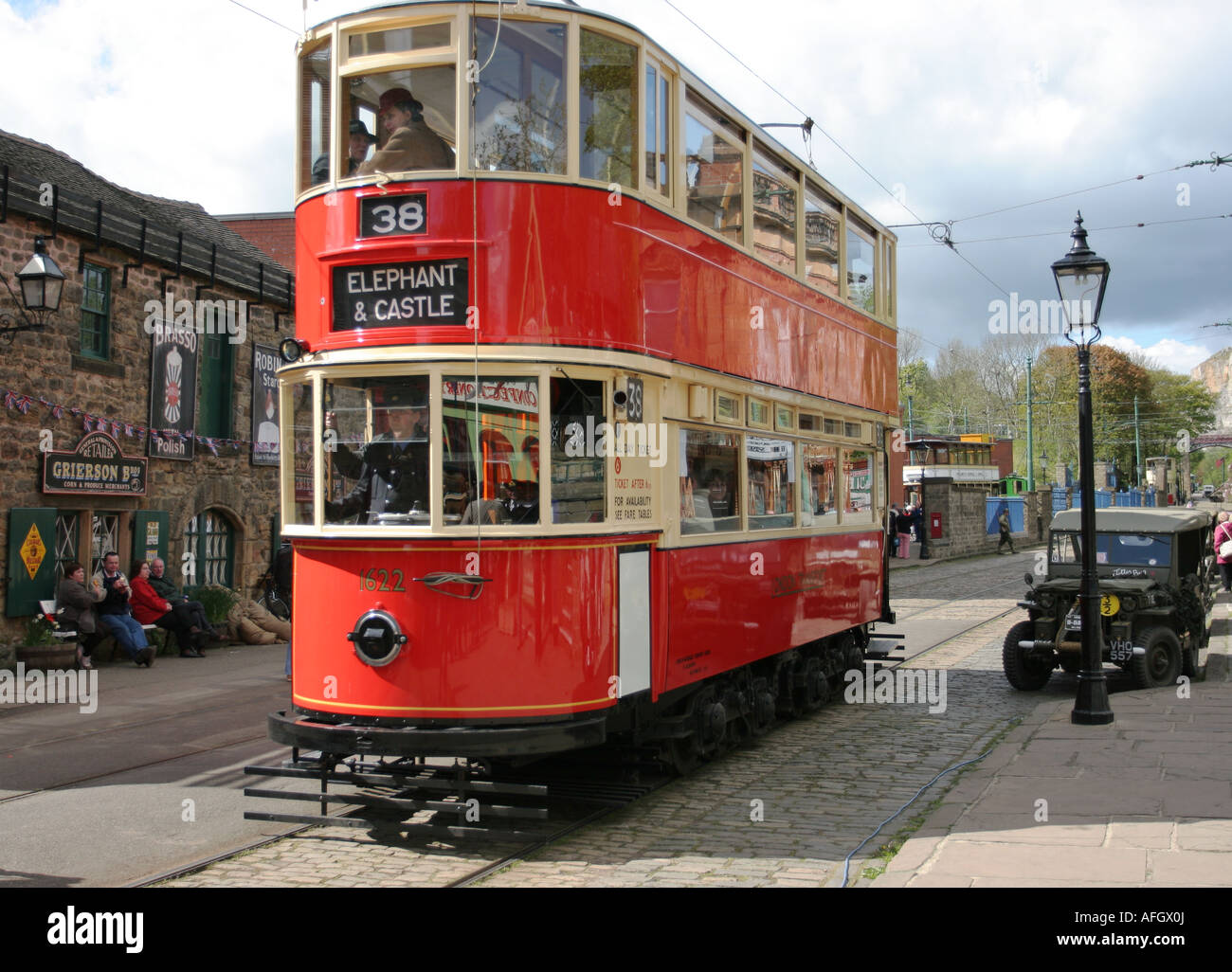 Number 38 tram to the Elephant and Castle in London at Crich Tramway Museum in Derbyshire Stock Photo