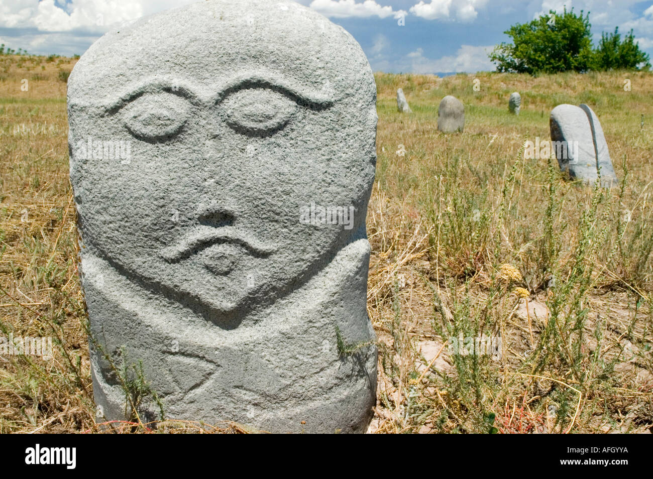 Historic grave stone, balbal, in Balasagun, silk road, Kyrgyzstan Stock Photo