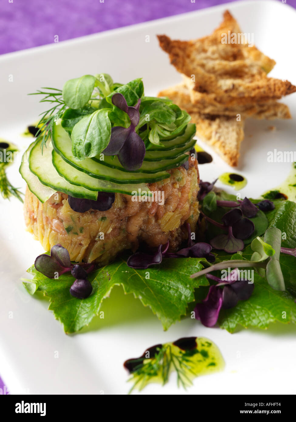 Stylish presentation shrimp timbale cucumber slices hires stock