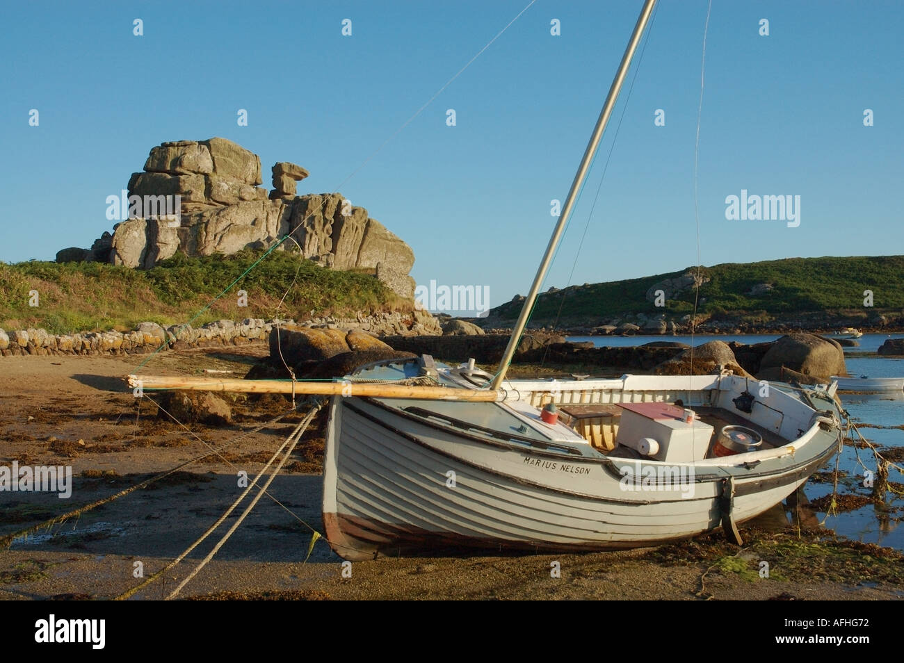 The Loaded Camel a granite outcrop at Porth Hellick on the island of St Marys Isles of Scilly England UK Stock Photo