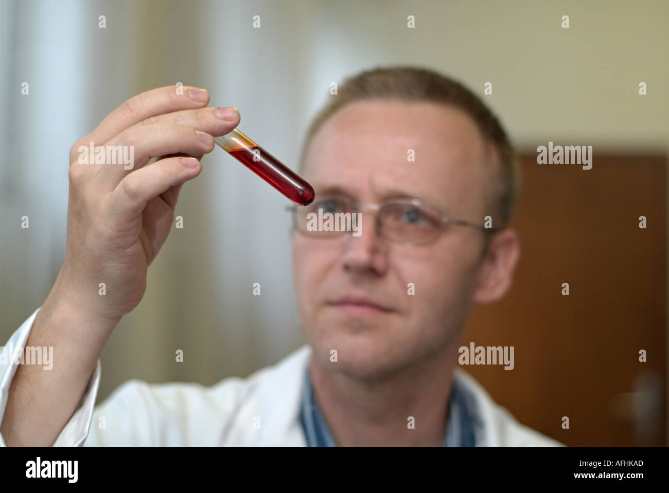 Scientist Studying the Content of a Test Tube in a Laboratory Stock Photo