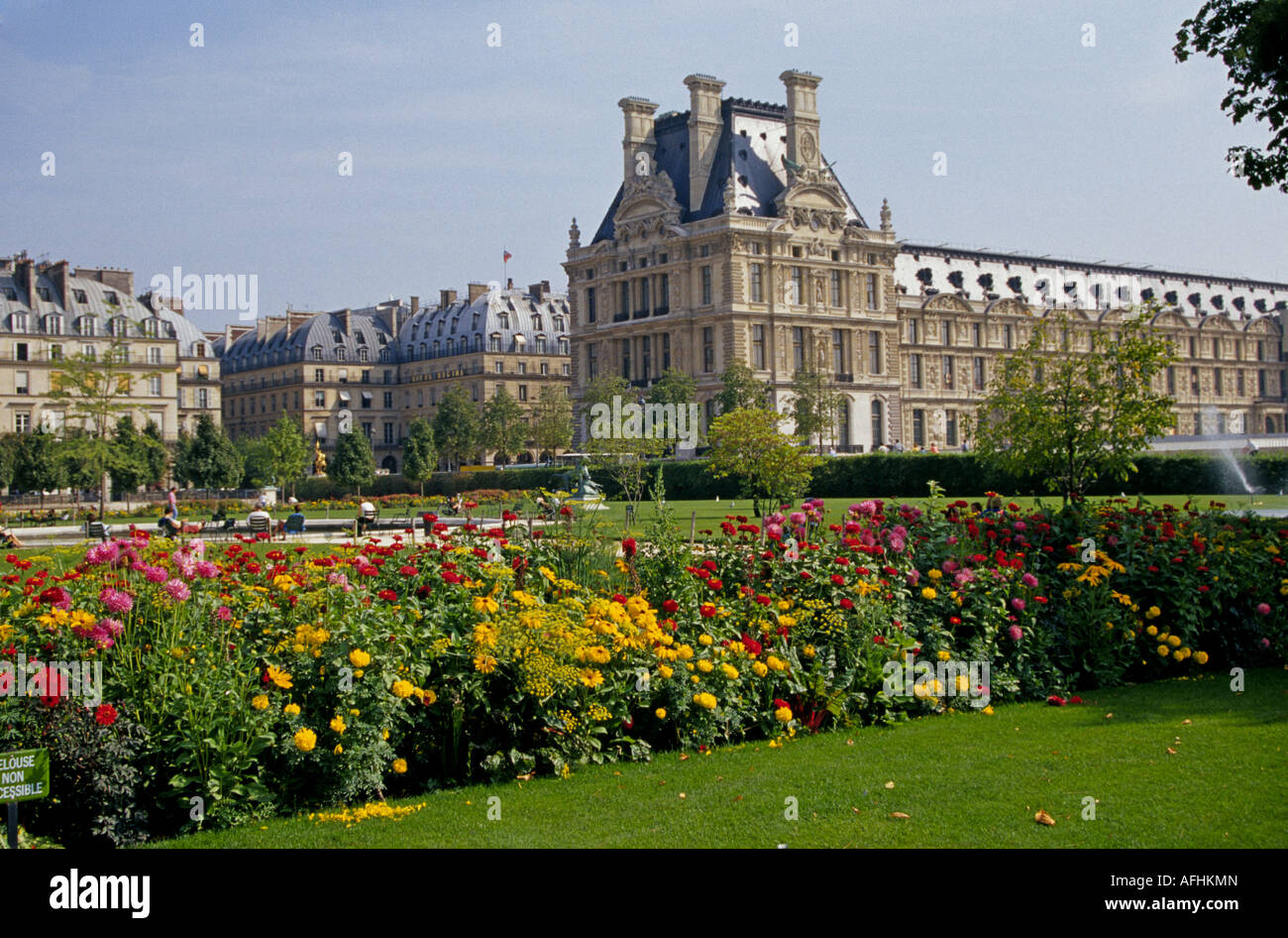 A view of the Louvre Museum and Tuileries Gardens along the Seine River in downtown Paris Stock Photo