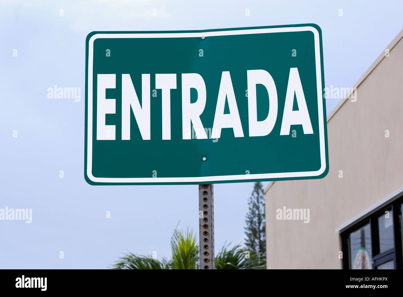 Entrance sign, Spanish Stock Photo - Alamy