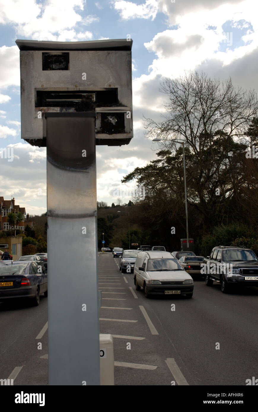 Burnt out burned vandalised speed camera Stock Photo