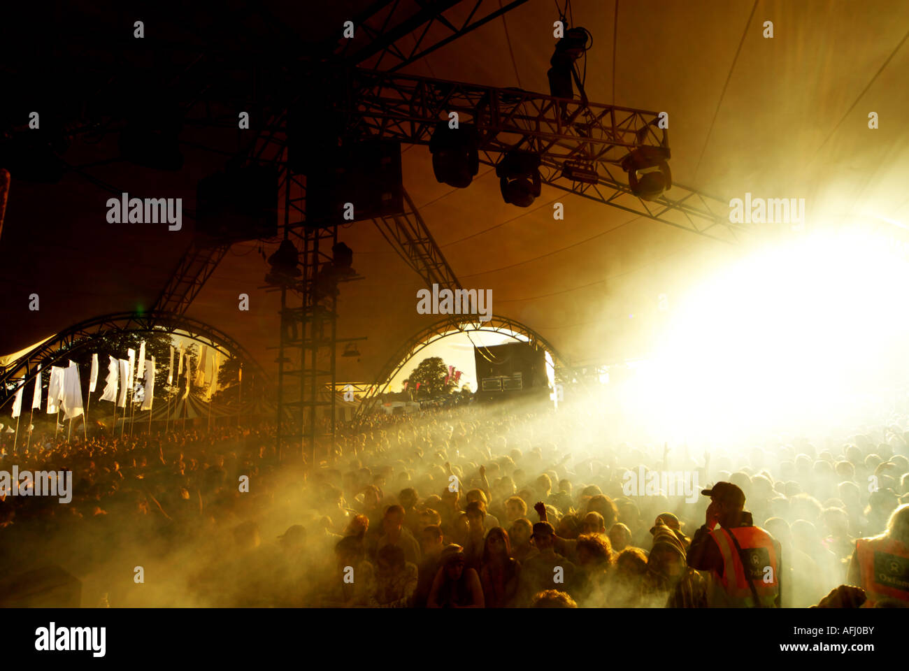Revellers watch Squarepusher at the 2007 Glade Electronic Music Festival in Aldermaston, Berkshire. Stock Photo