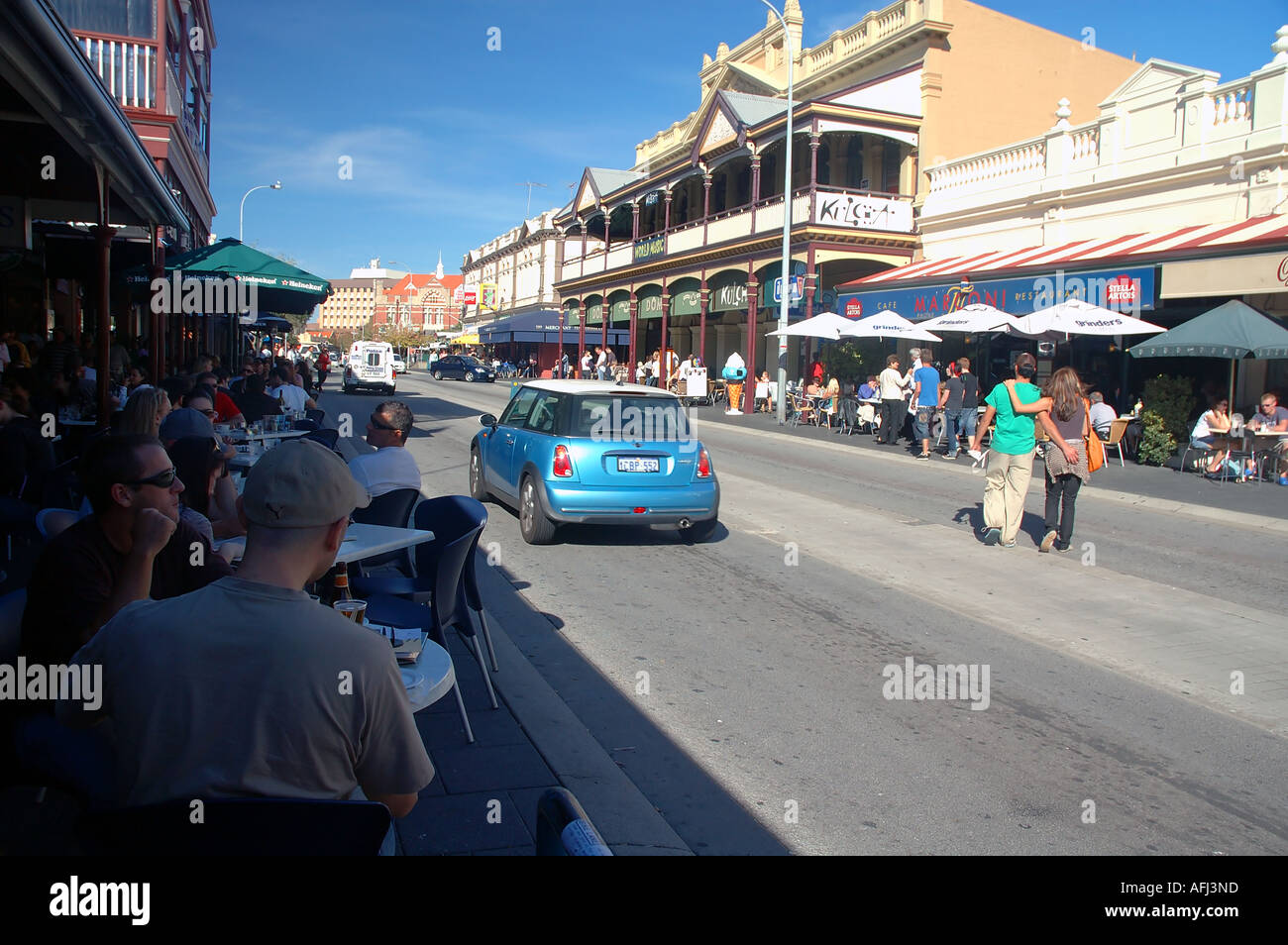 Busy outdoor cafes line the streets of Fremantle Perth Western Australia No MR or PR Stock Photo