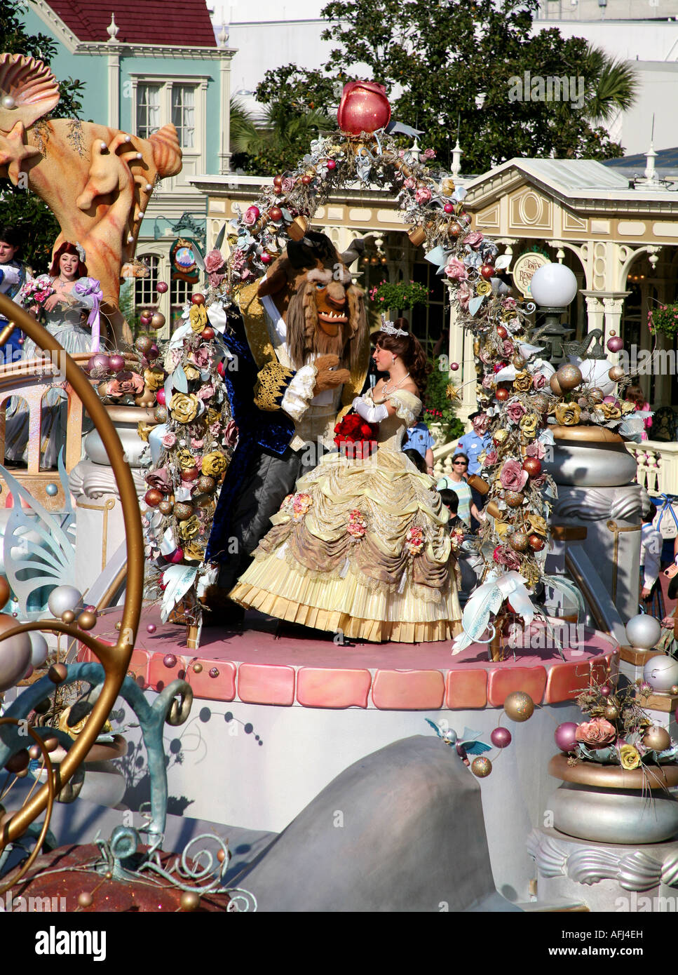 Disney characters on a Magic Kingdom afternoon parade at Orlando Florida Belle Beauty and the Beast Stock Photo