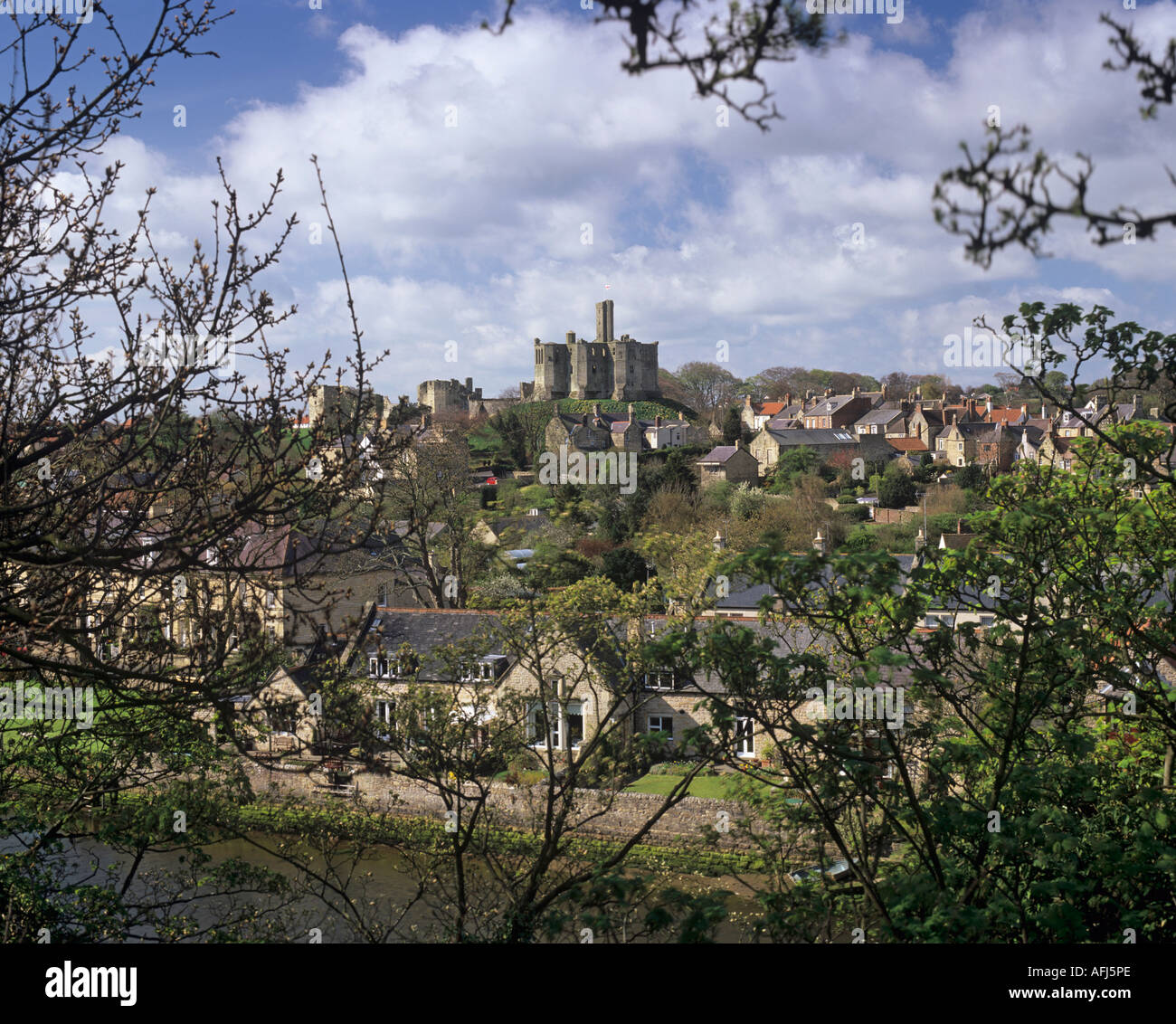 Warkworth Castle and village in Northumberland England UK Stock Photo