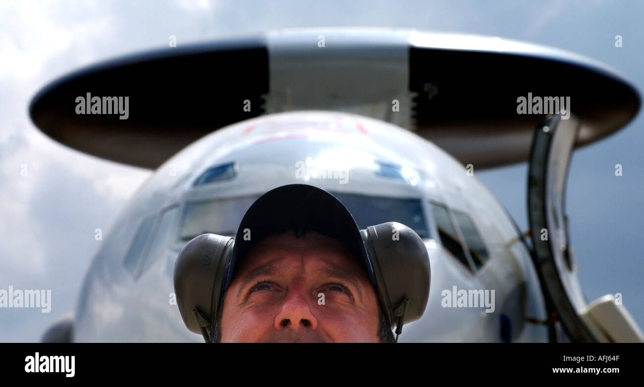 Ground crew with Boeing Awacs early warning plane at RAF Fairford. Stock Photo