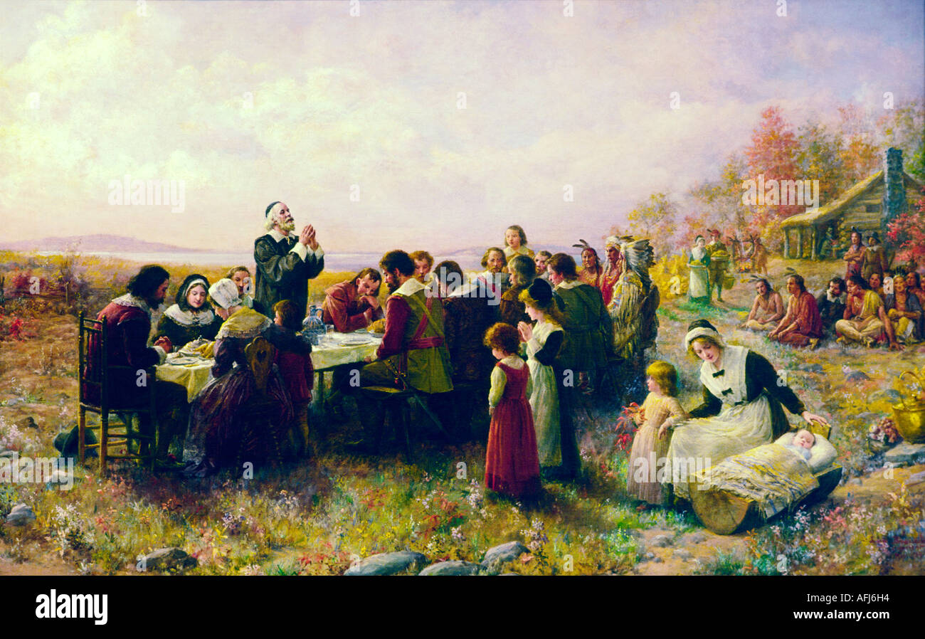 The First Thanksgiving painting by Jennie Augusta Brownscombe. Pilgrim Fathers at Plimouth Plantation, Massachusetts, USA Stock Photo