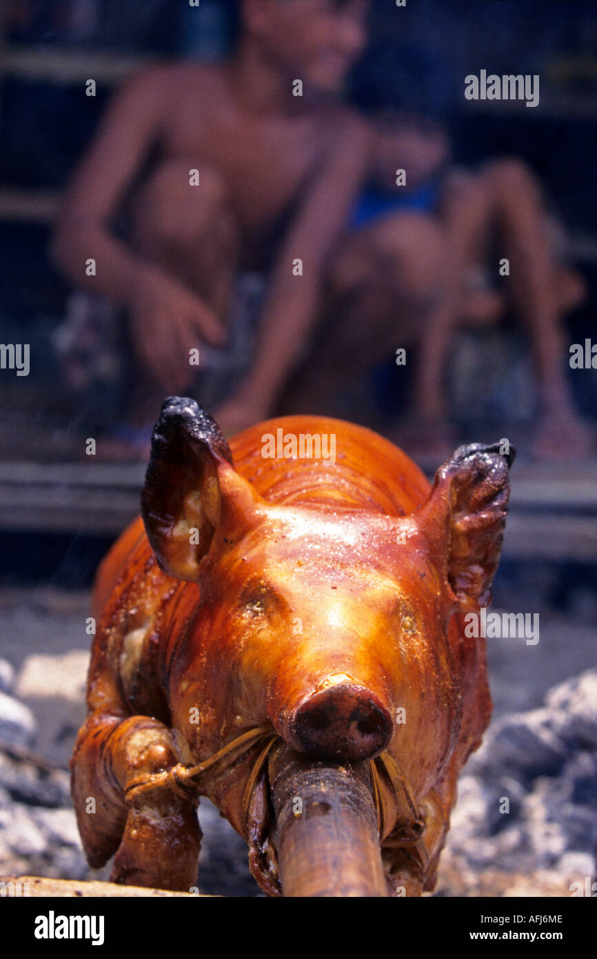 Pig roasted on open charcoal fire Lucban Quezon Philippines Stock Photo Alamy