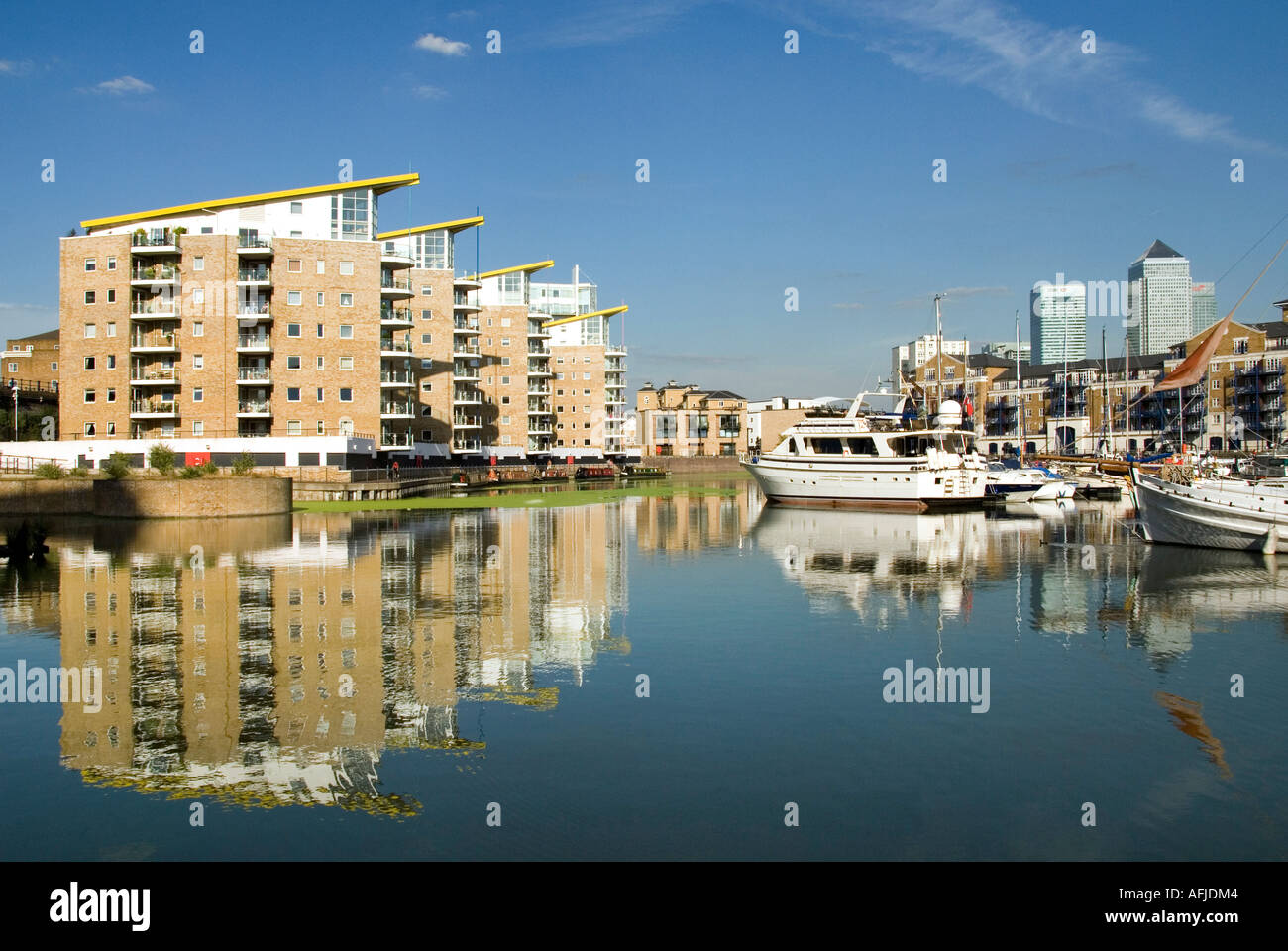 Limehouse basin modern residential apartment blocks and boat moorings