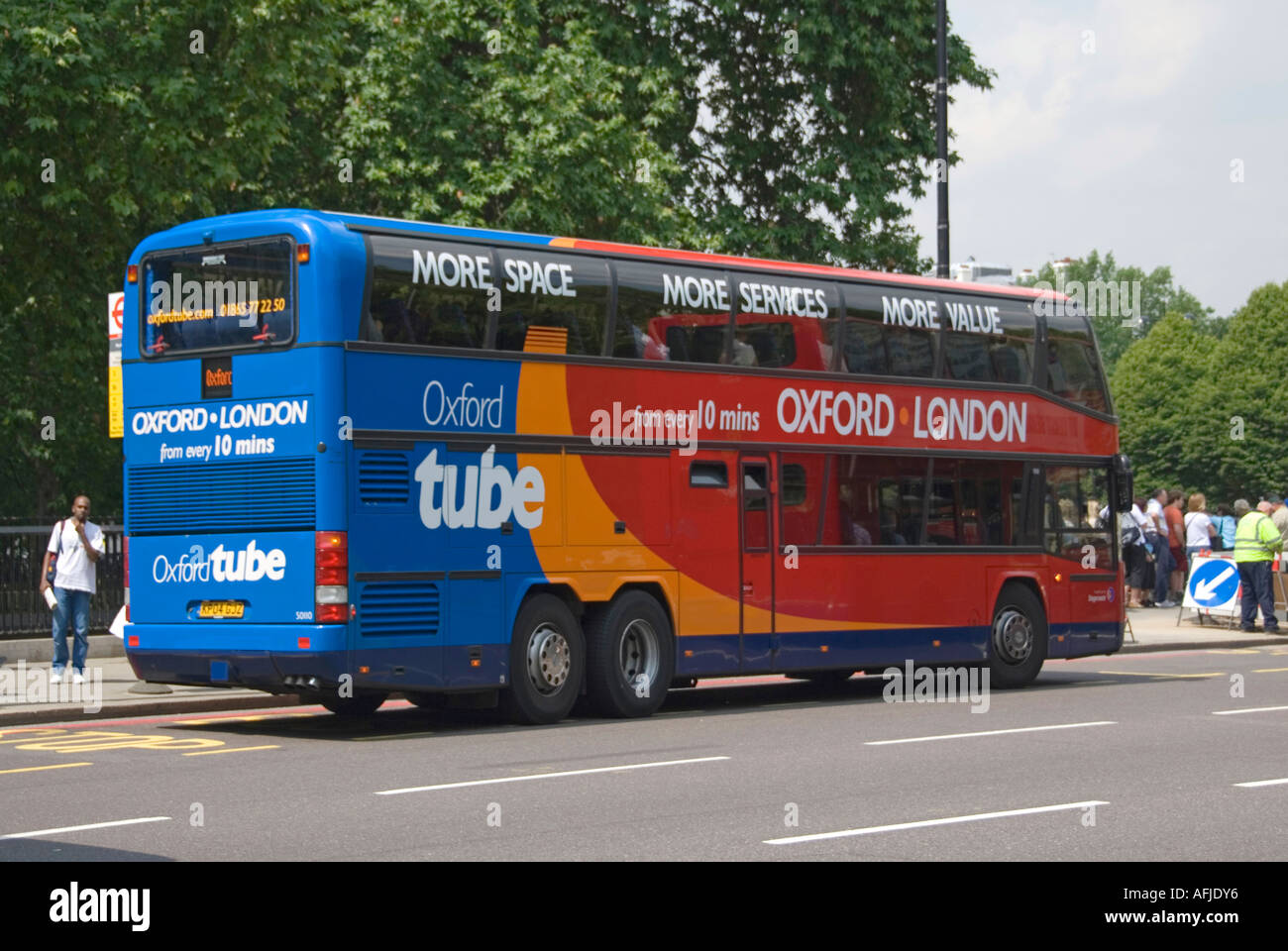 Side and back view The London to Oxford tube double decker bus service coach near Marble Arch