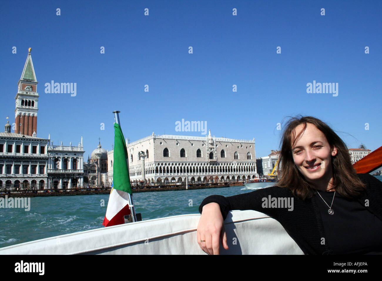 Tourist in Venice on Boat Launch to Hotel Cipriani En Route from San Marco Stock Photo