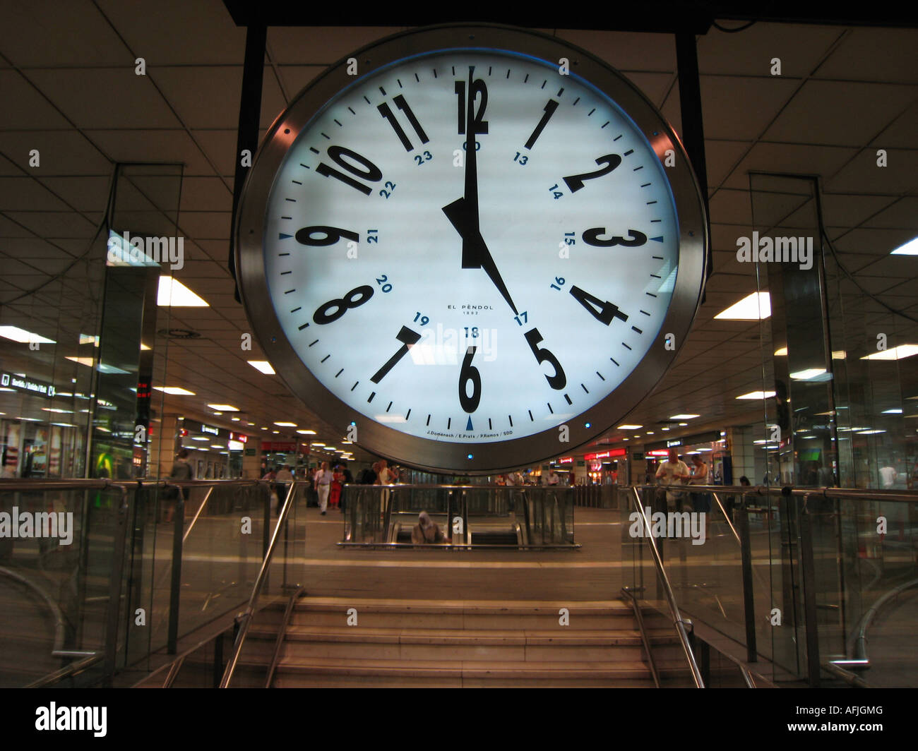 large railway clock at underground station Place de Catalunya Barcelona Spain Stock Photo