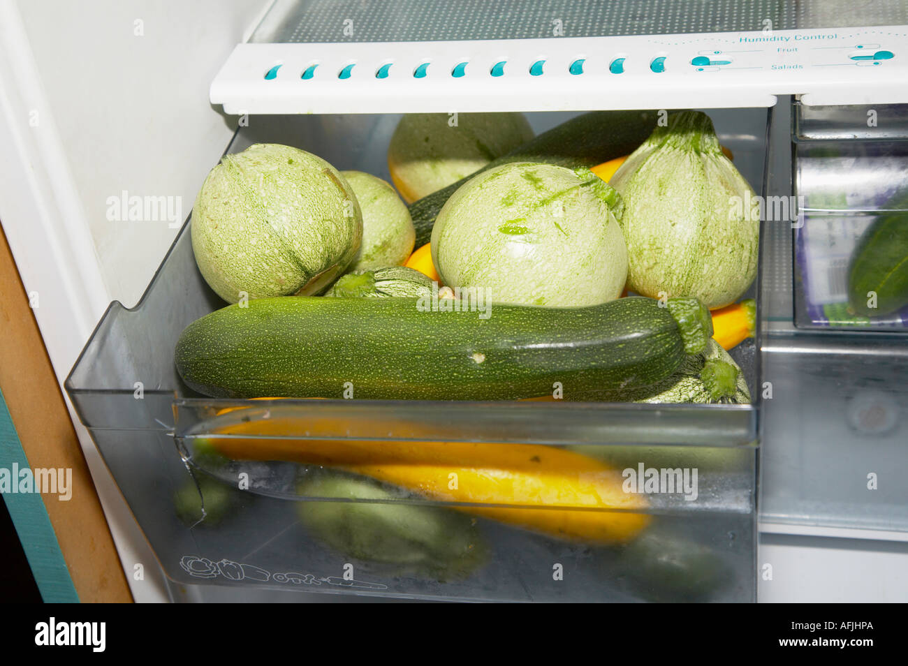 Glut of courgettes in the bottom of a fridge Stock Photo Alamy