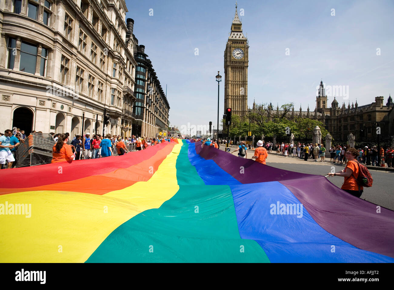 Giant rainbow flag floating at Parliament square during the Gay Pride parade London, England, Britain, UK. Stock Photo