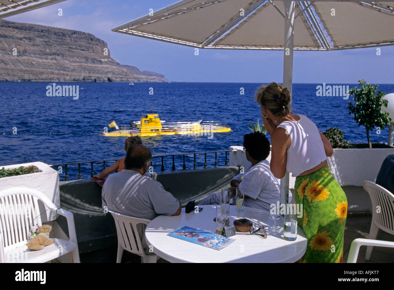 Restaurant and Yelow Submarine Puerto de Mogan Gran Canaria Stock Photo