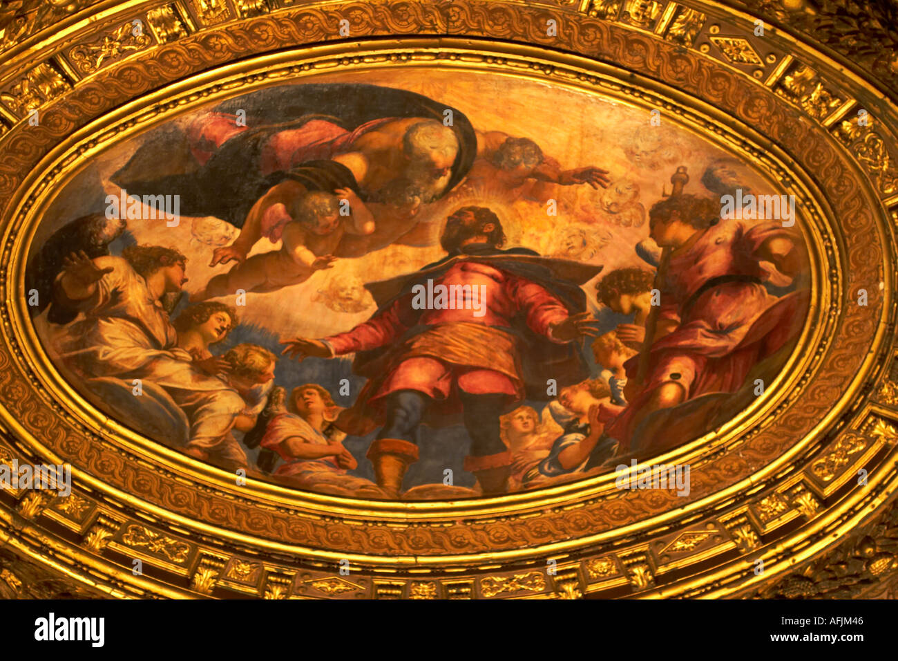 Tintoretto painting of St Roch in Glory on the ceiling of the Sala dell Albergo at the Sculoa Grande di San Rocco Venice Italy Stock Photo
