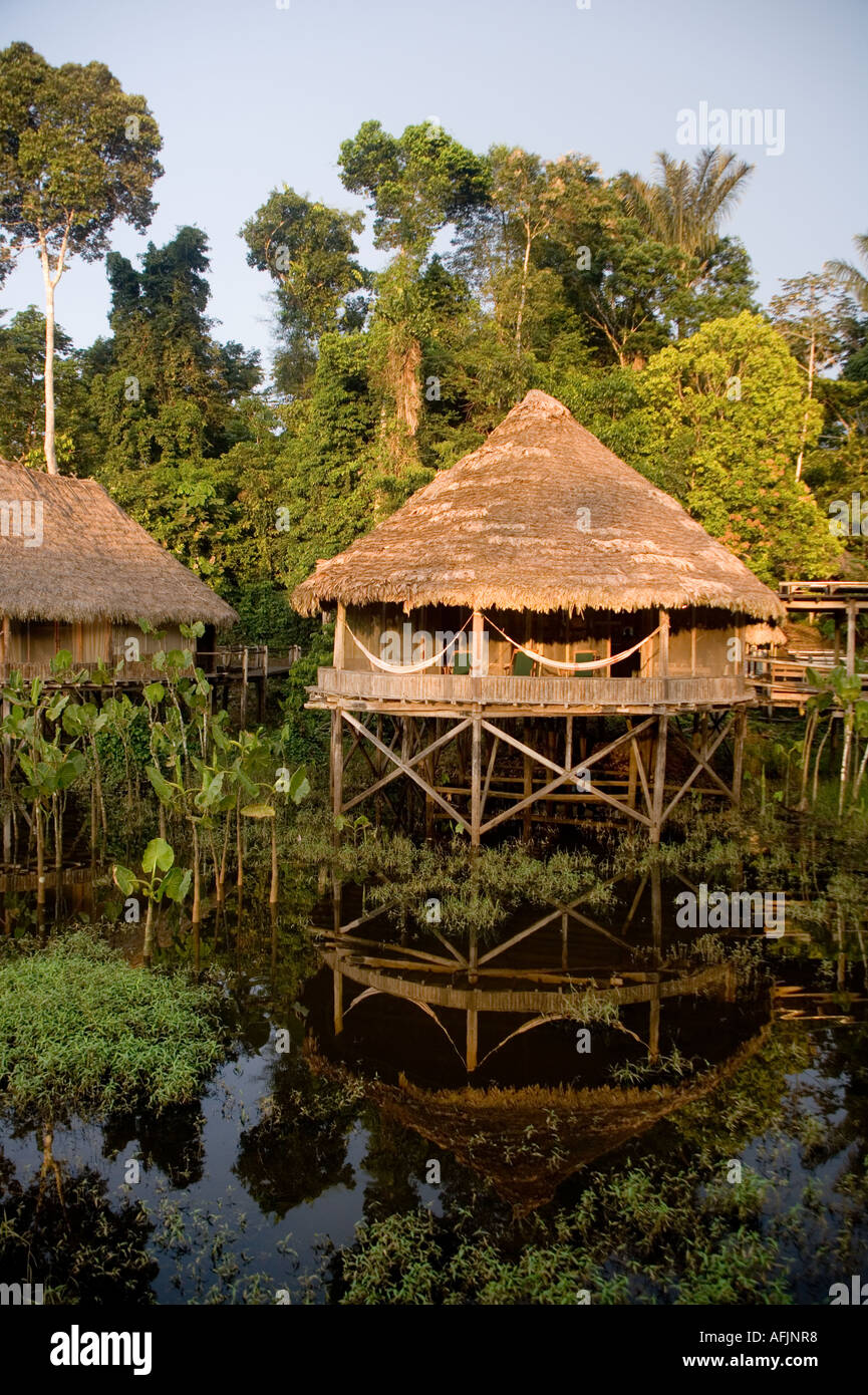 Cabins at the Kapawi Ecolodge off the Pastasa river Ecuador South America Stock Photo