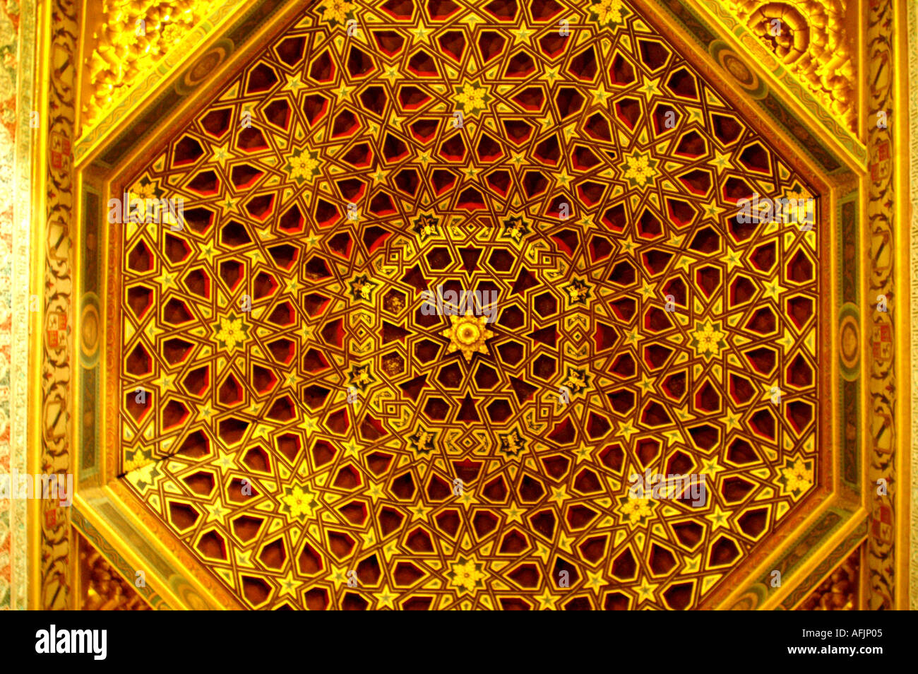 Ornate ceiling in Alcazar former moorish fortress in Seville Andalucia ...