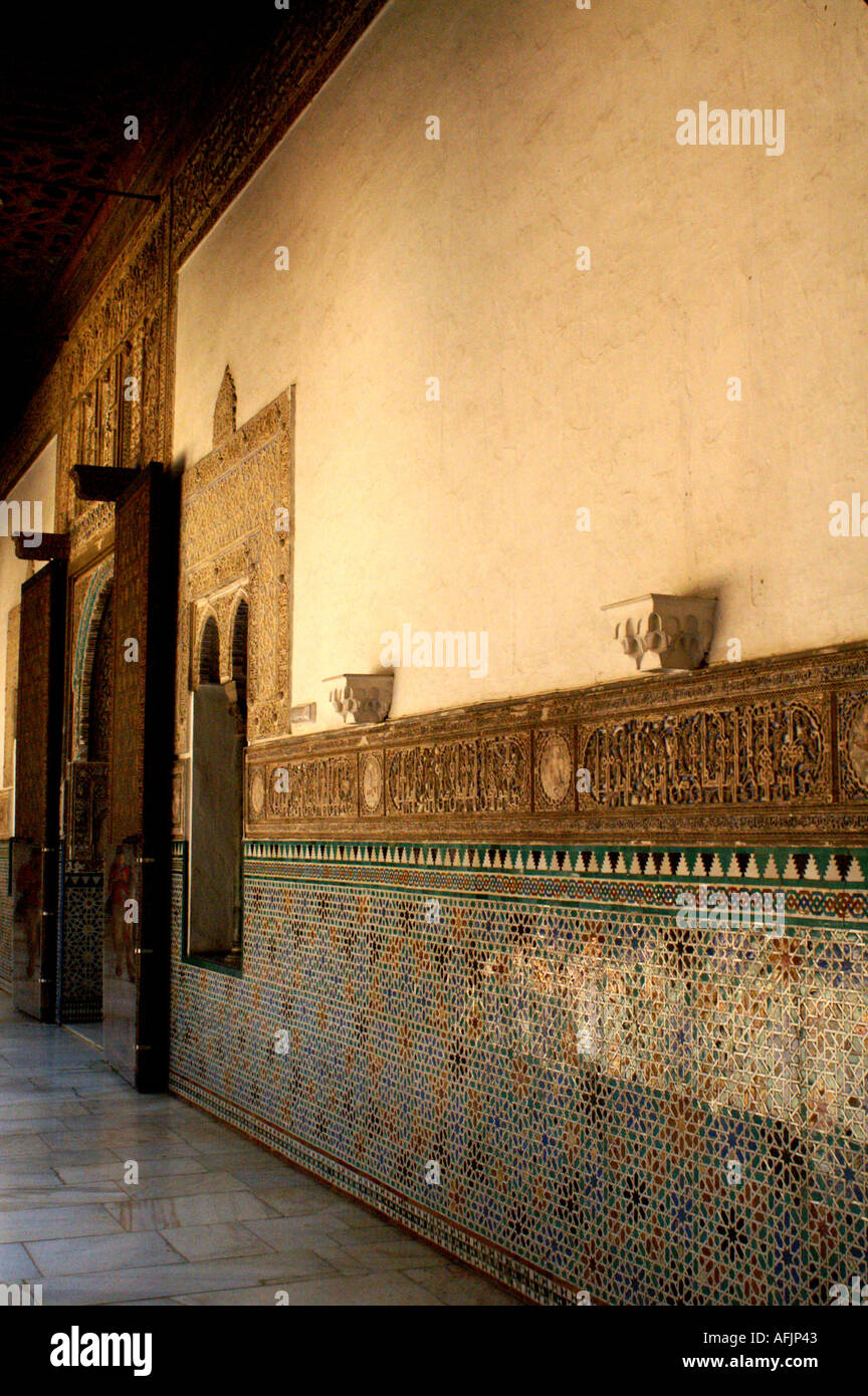Ornate tiled corridor in Alcazar former moorish fortress in Seville ...
