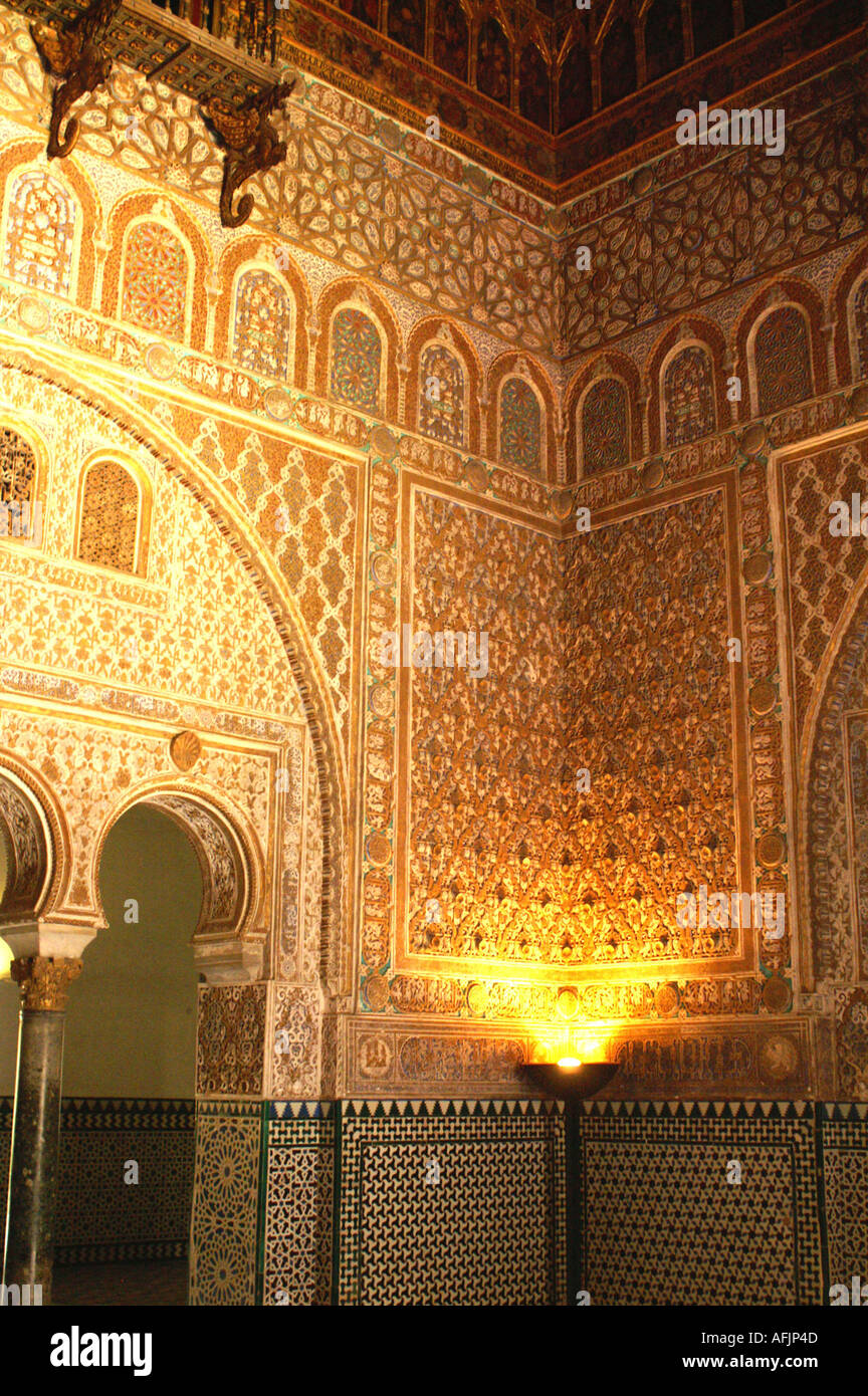 Ornate plaster archway walls in Alcazar former moorish fortress in ...