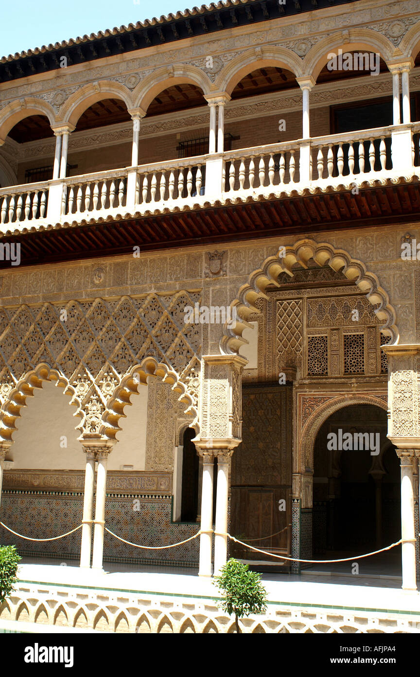 Ornate interior plaster arches in Alcazar former moorish fortress in ...