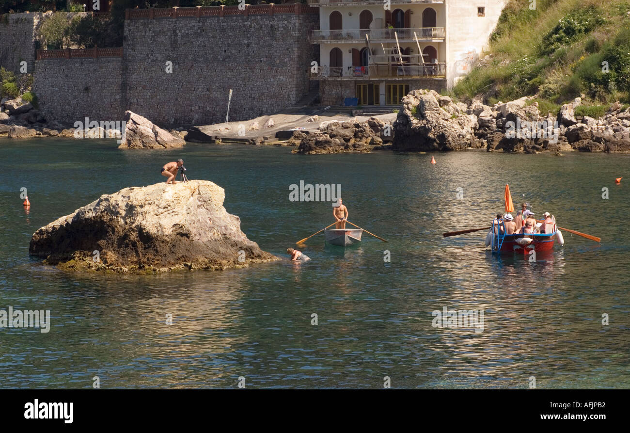 Film production in the Bay of Isola Bella in Taormina Italy on Sicily Stock Photo