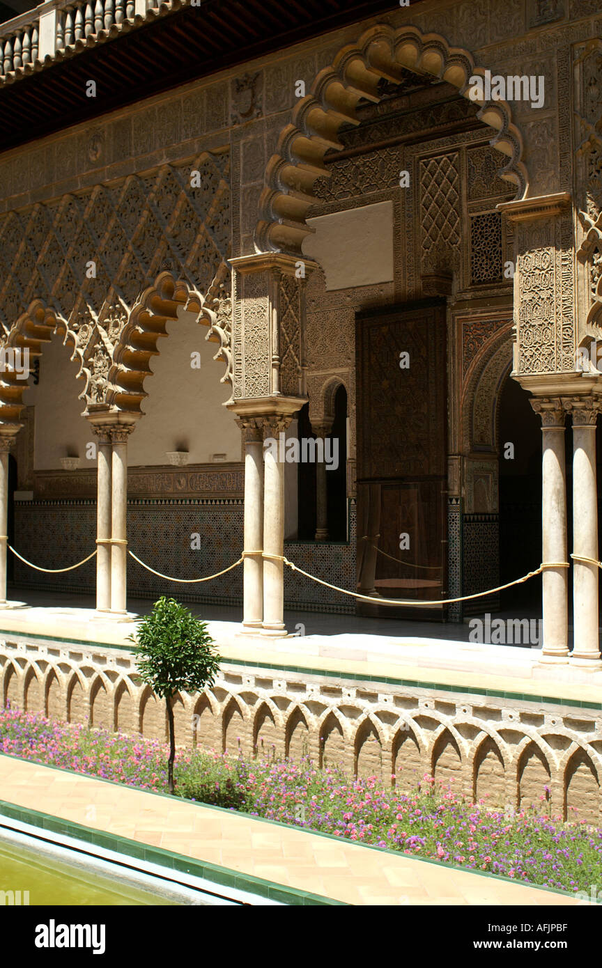 Ornate interior plaster arches in Alcazar former moorish fortress in ...
