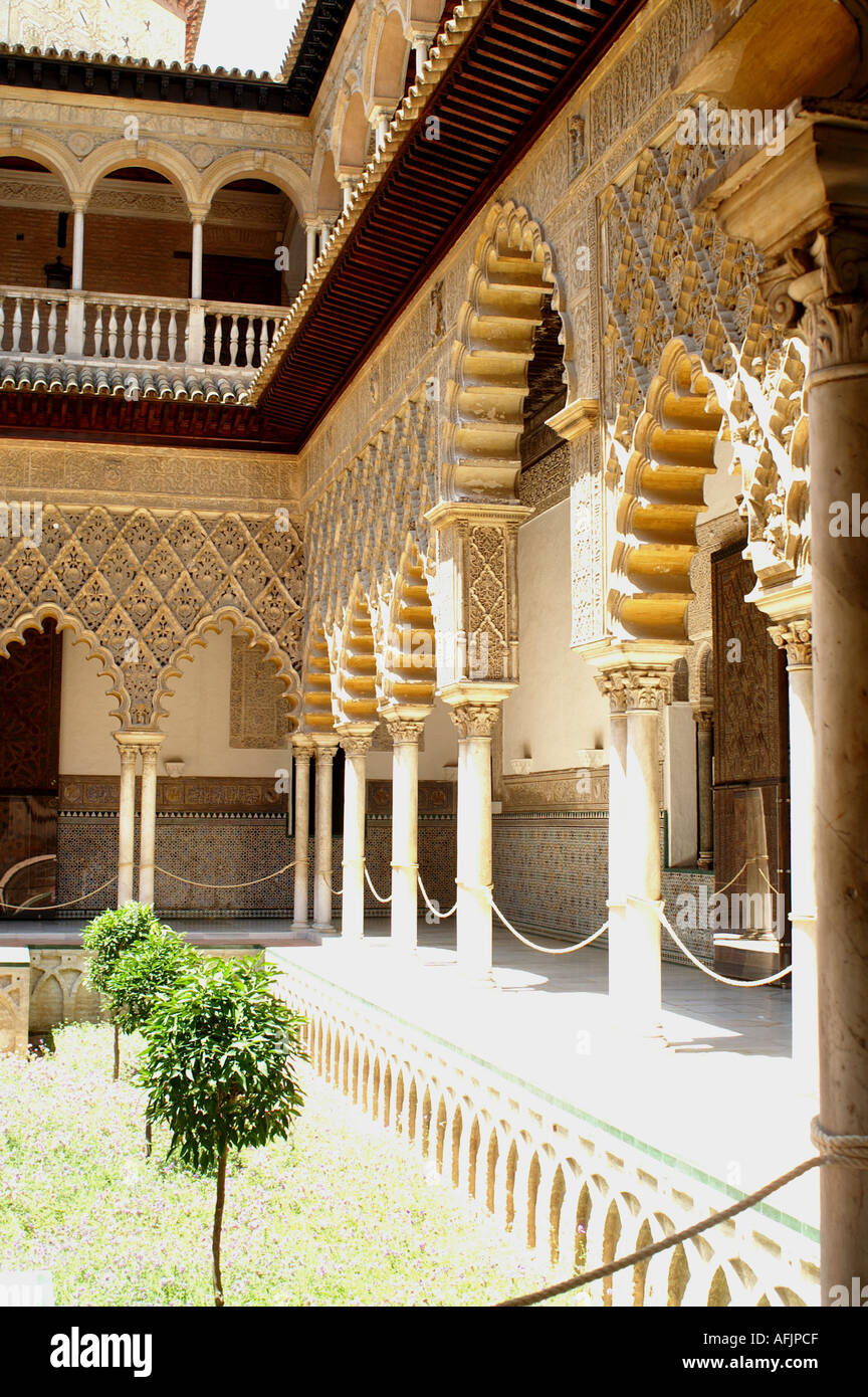 Ornate interior plaster arches in Alcazar former moorish fortress in ...