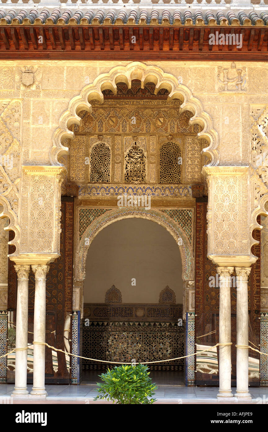Ornate interior plaster arches in Alcazar former moorish fortress in ...