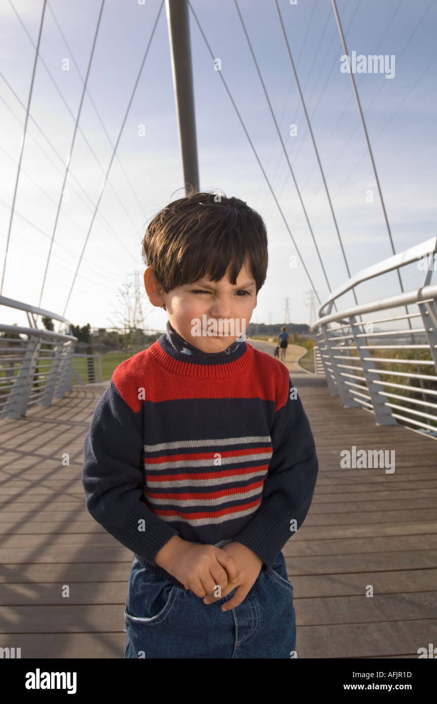 small brown haired boy in a stiped sweater on a suspension walking bridge making a face of disgust Stock Photo