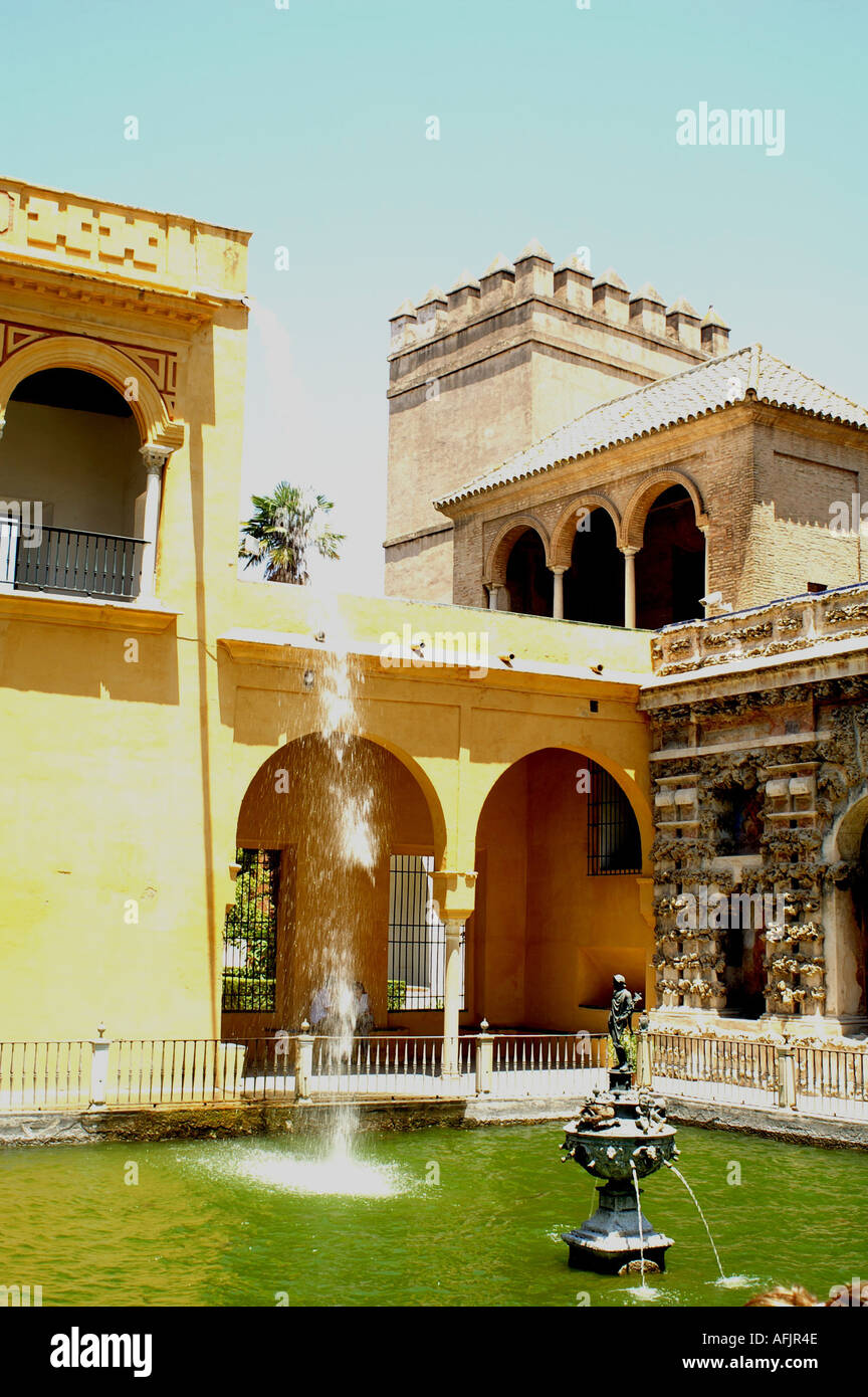 Cascade of water from fountain in Alcazar gardens Seville Andalucia