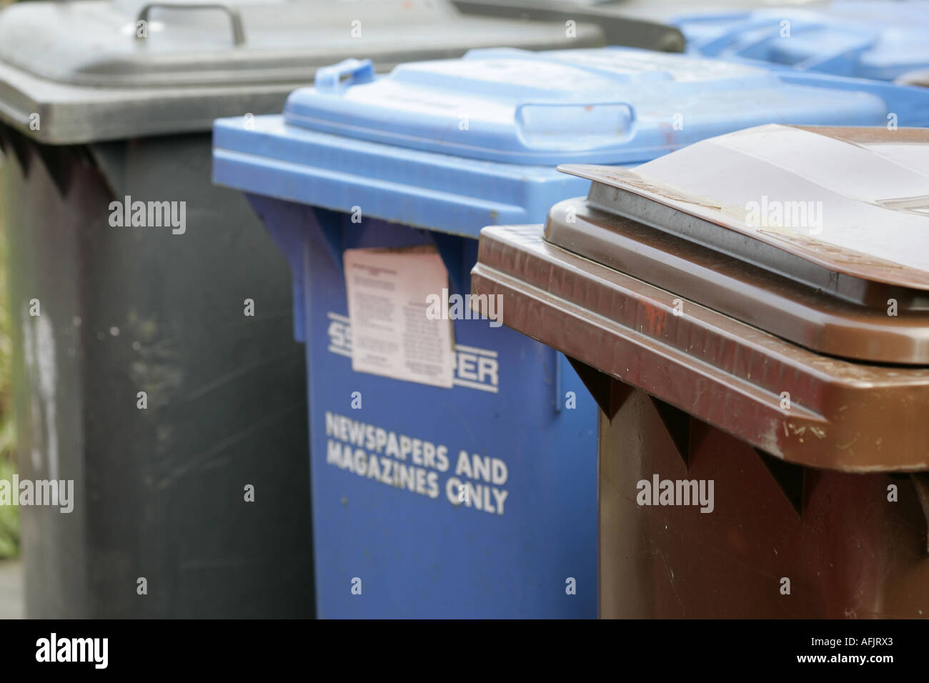 A selection of waste bins including refuse paper recycling blue and garden waste recycling bin