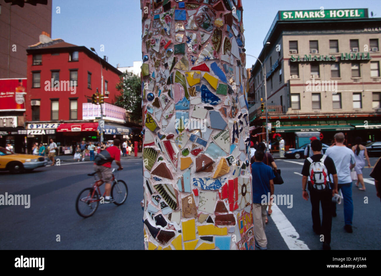 New York City,Manhattan,urban,metropolis,East Village St. Marks Place 3rd Avenue mosaic lamppost,lamp post,design,advertise,market,currency,money,noti Stock Photo