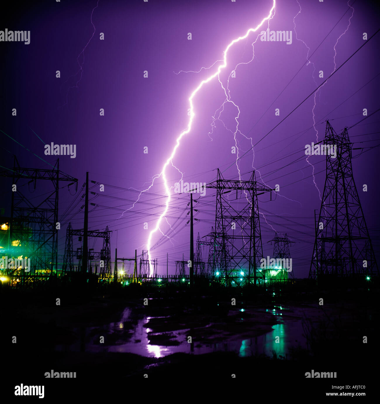 A huge bolt of lightning striking an electrical substation near Red
