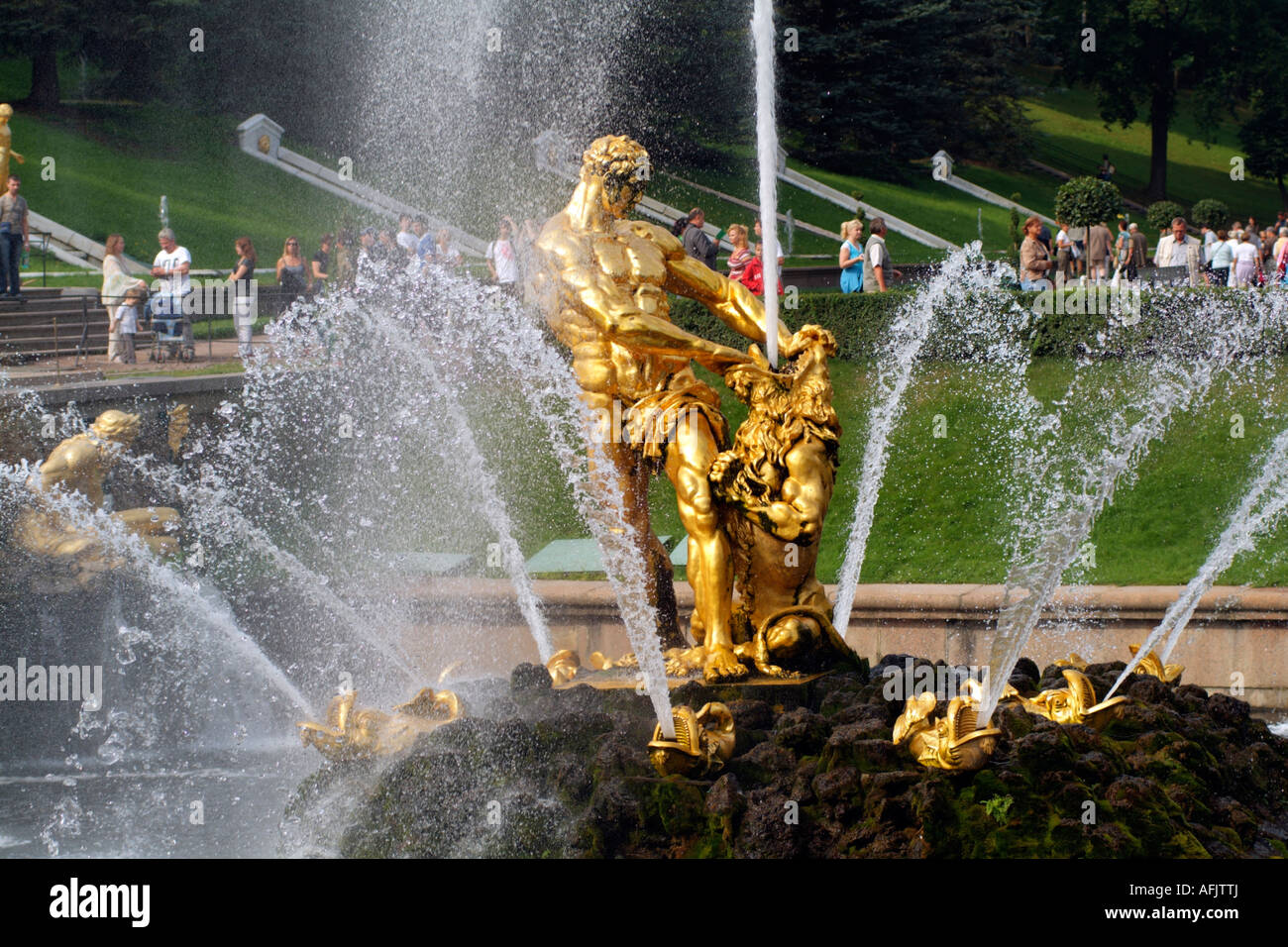 Peterhof Fountains Russian Gold Gilded Bronze Statue of Samson situated ...