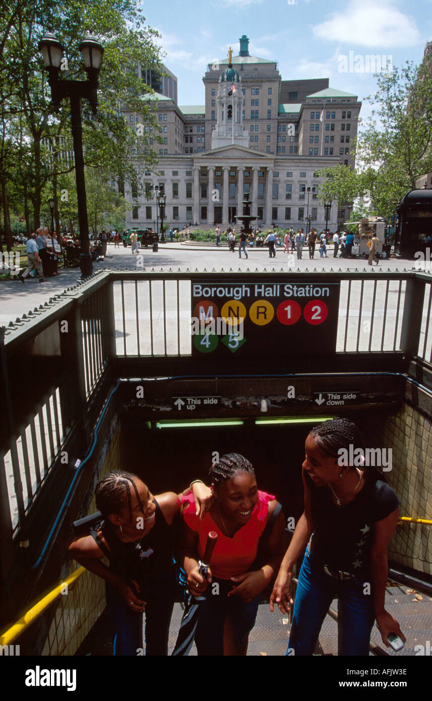 New York,State,New York,City,Brooklyn Borough,Borough Hall subway station entrance,public transportation,3,Black Blacks African Africans ethnic minori Stock Photo