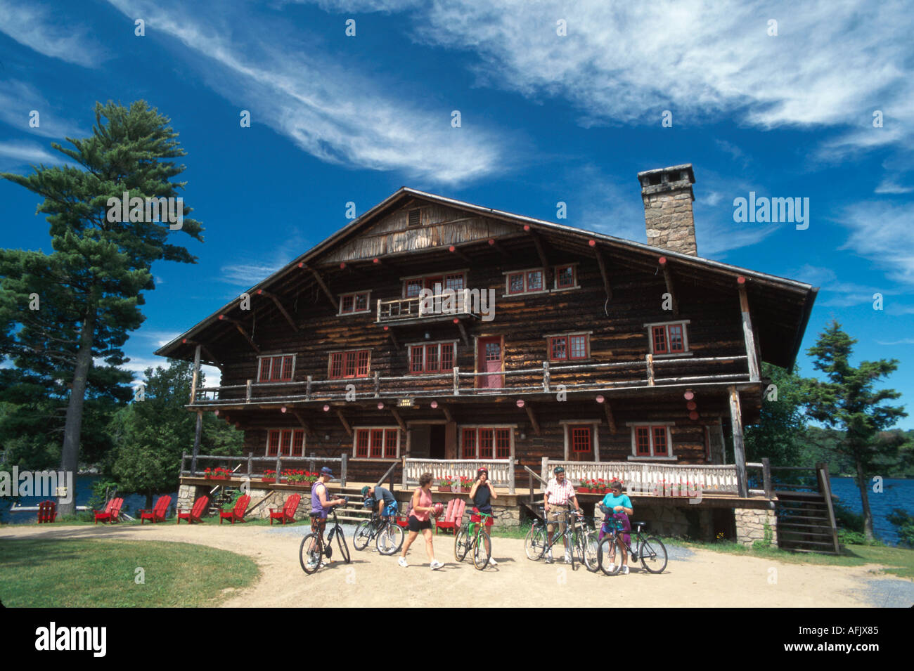 Raquette Lake New York,Adirondack Mountains Great Camp Sagamore Lodge 1897,bikers bicycles bicycling bikes biking Stock Photo