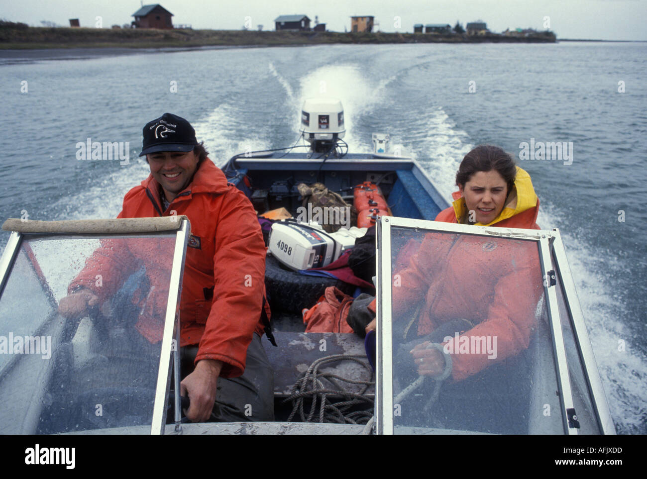 USA Alaska Fish and Game biologists travel by powerboat during