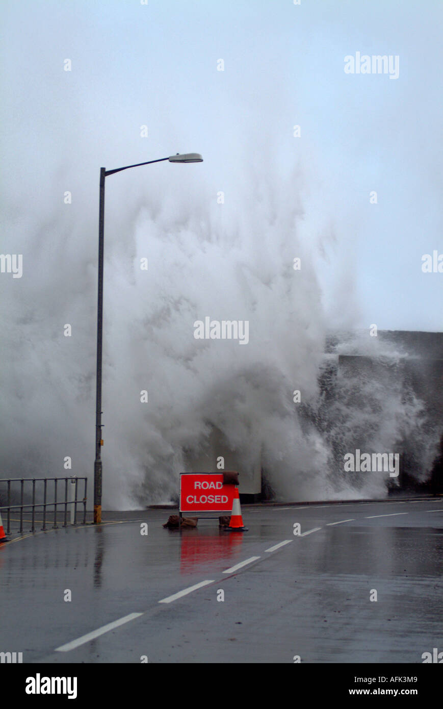 'No Entry' sign during storm at Penzance Harbour 2004 Stock Photo