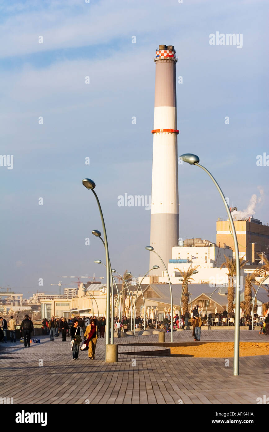 The Tel Aviv promenade in the old Tel Aviv port with the Tel Aviv power plant in the background Stock Photo