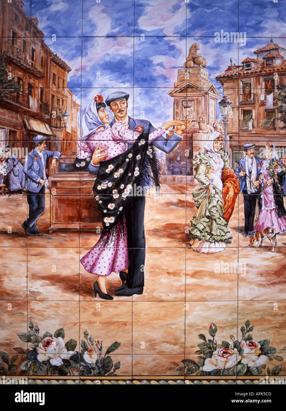 Madrid, Spain. Tiled Decoration outside El Madrono restaurant. Man and Woman dancing in traditional Madrid costume Stock Photo