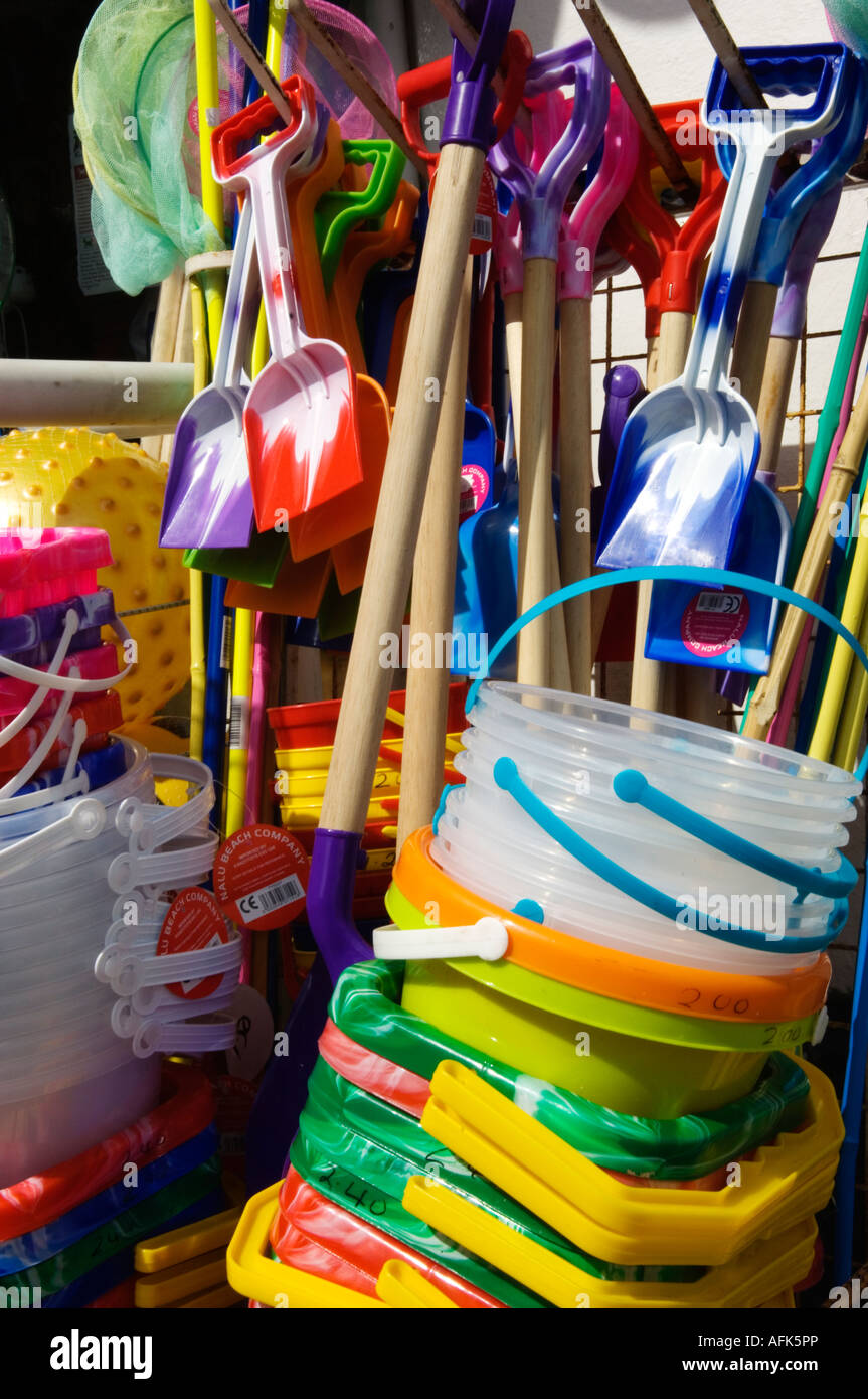 Children's buckets and spades for sale at a shop at the old Cornish